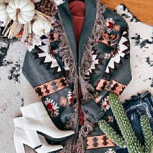 Western Ethnic Pattern Knit Cardigan, Casual Open Front Tassel Trim Sweater XL - Picture 2 of 7